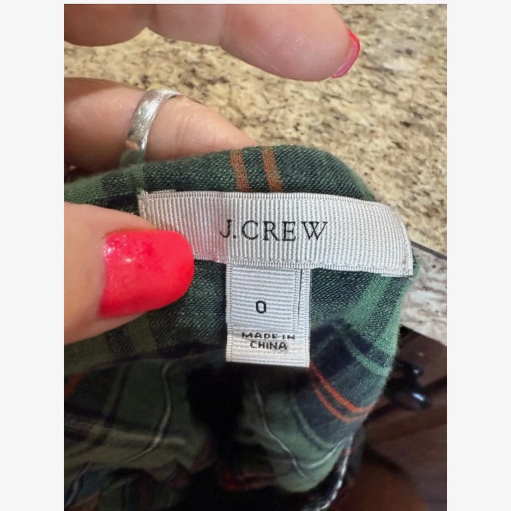 J. Crew Green Plaid Blouse with White Accents